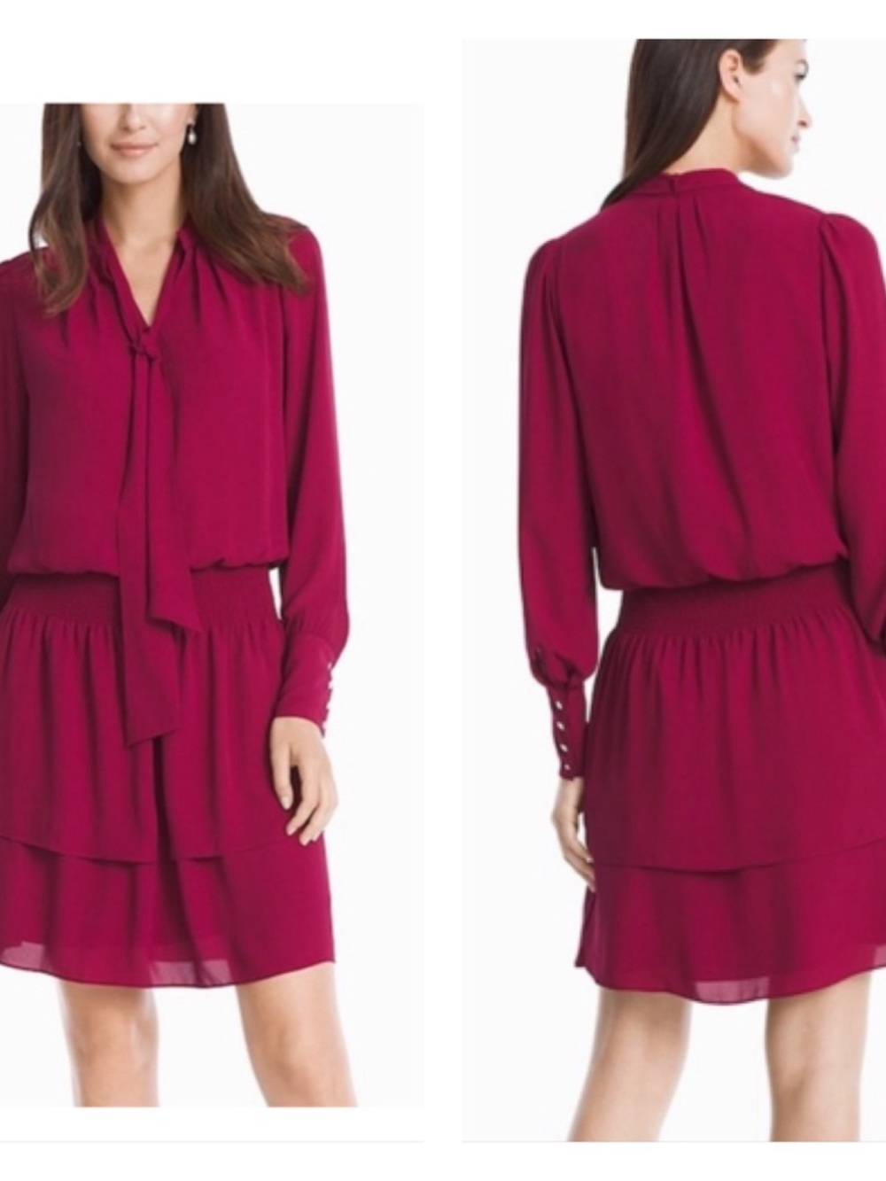 WHBM Blouson Elastic Waist Long Sleeve Tiered Dress Women’s‎ SZ M in Burgundy